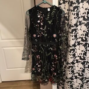 Sheer Sleeve Black Dress with Floral Embroidery